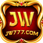 JW777 gold casino game logo with red luxury background and shining golden frame